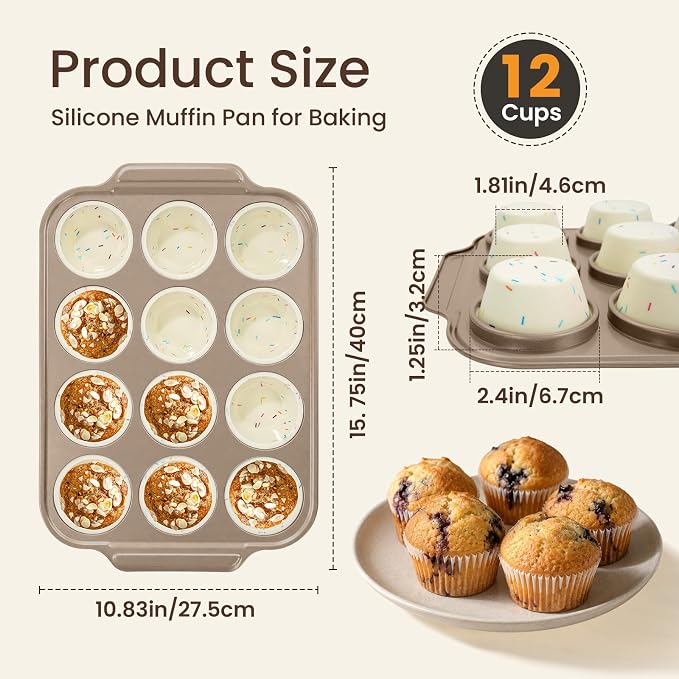 Silicone Muffin Pans for Baking with Metal Frame, 12-Cup Silicone Cupcake Pan, Egg Bite Silicone Mold, Nonstick, BPA Free, Oven & Dishwasher Safe