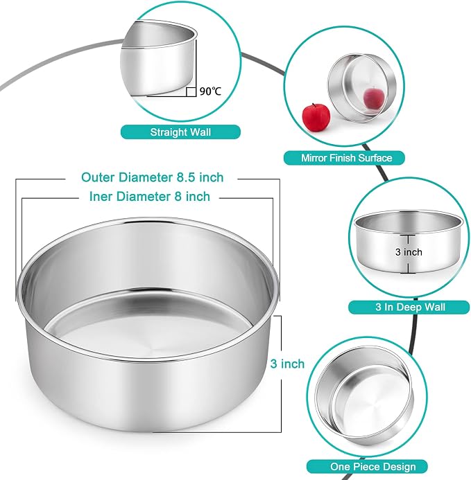TeamFar 8 Inch Cake Pan, 8” x 3” Stainless Steel Round Baking Pan Set of 2 | Layer Cake Baking Tins for Wedding Birthday Party, Non-Toxic, Heavy Duty, Deep Straight Side, Mirror Finish, Dishwasher Safe