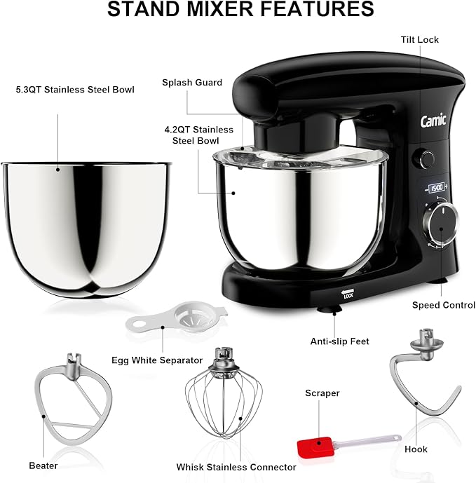 Camic Stand Mixer, 4.2QT+5.3QT Two bowls Electric Food Mixer, 10 Speeds with Digital setting 3-IN-1 Kitchen Mixer for Baking Cakes Cookie Bread Salad with Egg Whisk,Dough Hook,Flat Beater