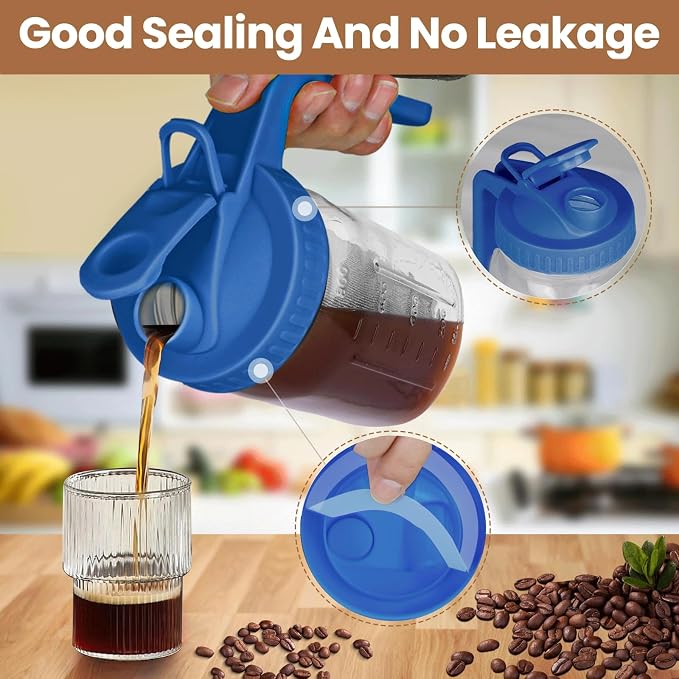 Cold Brew Coffee Maker, 32 oz Mason Jar Pitcher with Stainless Steel Filter, Pour Spout Handle Lid, Heavy Duty Glass Airtight & Leak-Proof for Iced Coffee,Tea & Lemonade