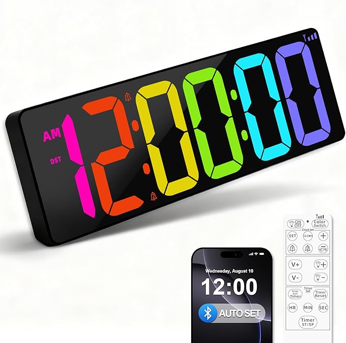 17.2" Bluetooth Digital Wall Clock with Seconds, Large Countdown Timer for Classroom Home Gym Kitchen Office, Alarm Clock with Remote Control, 4 Dimmable Brightness, Auto DST (RGB)