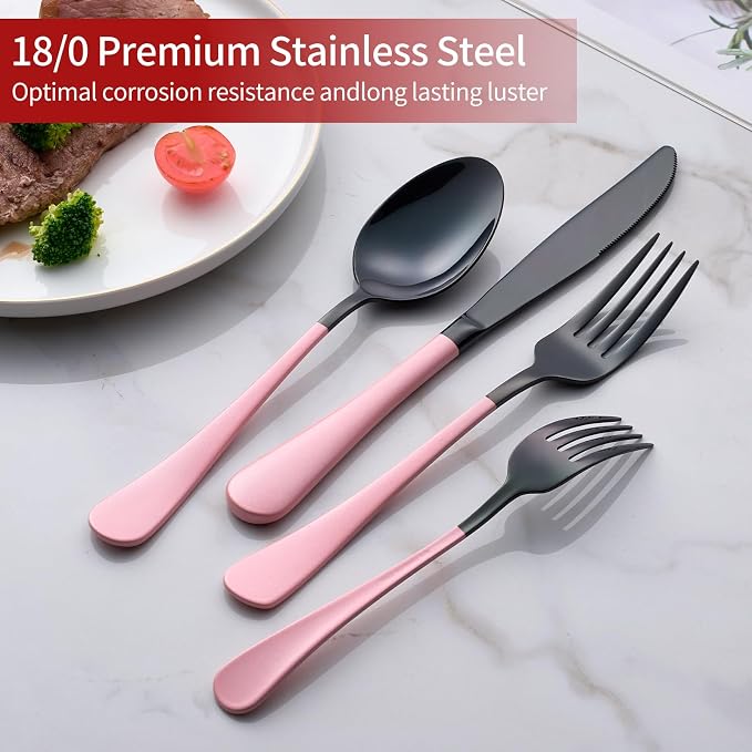 20-Piece Black and Red Silverware Set 18/0 Stainless Steel Flatware Warm Pink Handle Cutlery Set Service for 4 Dinner Knives Forks Spoons Set Mirror Finish Dishwasher Safe