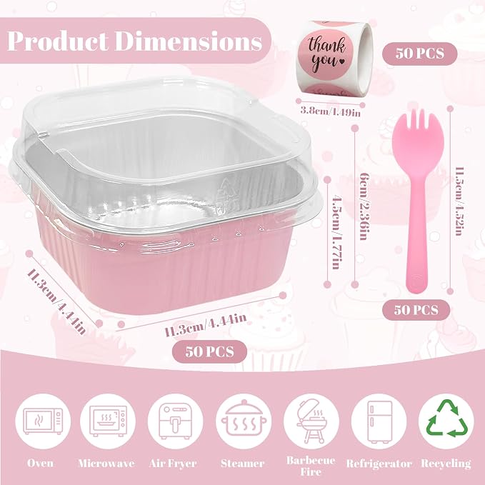 50 Pack 10oz Mini Cake Pans With Lids, Aluminum Foil Square Brownie Baking Cups,Disposable Large Cupcake Pan,Jumbo Muffin Tin Ramekins Holders Individual Dessert Containers for Sales,Party,Picnics