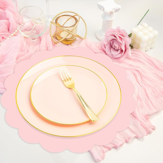 50 Pcs Light Pink Paper Placemats, Disposable Scalloped Placemat Decorative Placemats for Birthday Wedding Baby Shower Banquet Tea Party,13.5 Inch