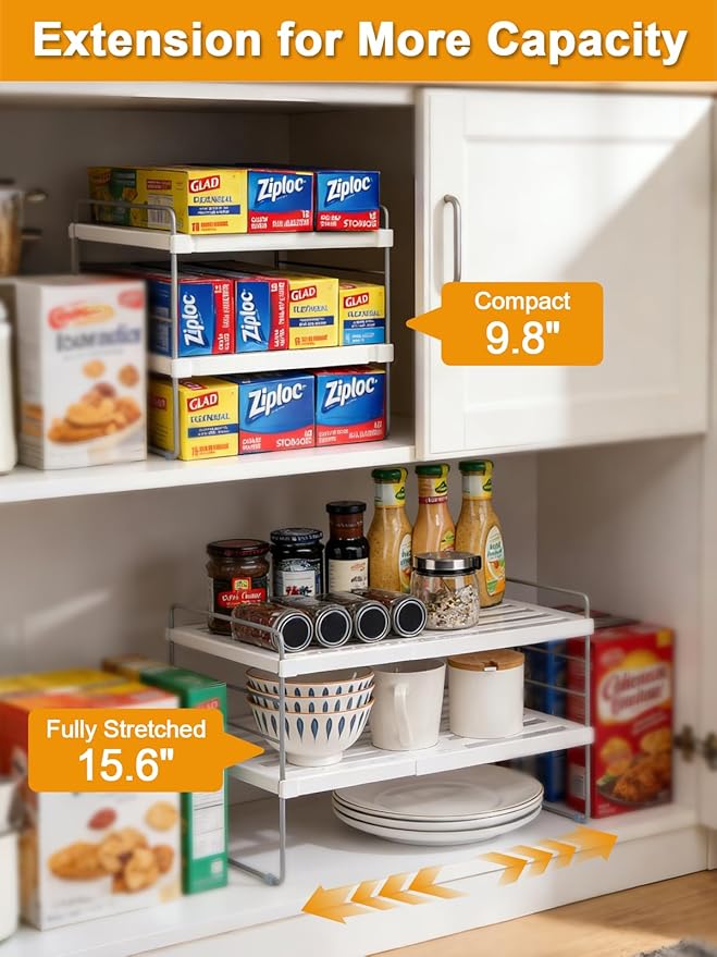 JUPELI Foil and Plastic Wrap Organizer, Expandable Kitchen Pantry Storage, Height Adjustable Cabinet Rack for Kitchen Organization, Aluminum Foil -3 Tier 9.8" to 15.6"L