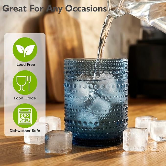 Moretoes 12 Pack 10 Oz Blue Vintage Hobnail Drinking Glasses Set of 12 | Cocktail Glasses Vintage Glassware, Textured Glass Cups Bubble Glasses Water Glasses Old Fashion Jupiter Glasses Set