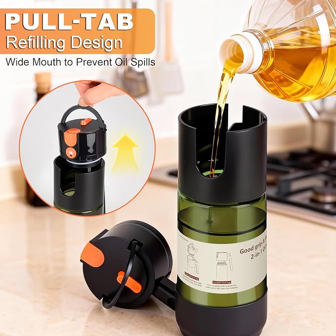 2-IN-1 Oil Sprayer for Cooking with 8 Stickers Light-Blocking Dark Glass Olive Oil Dispenser Bottle for Kitchen 500ml/16.9oz Oil Mister for Air Fryer, BBQ,Salad Even Spray with Portion Control-2PC