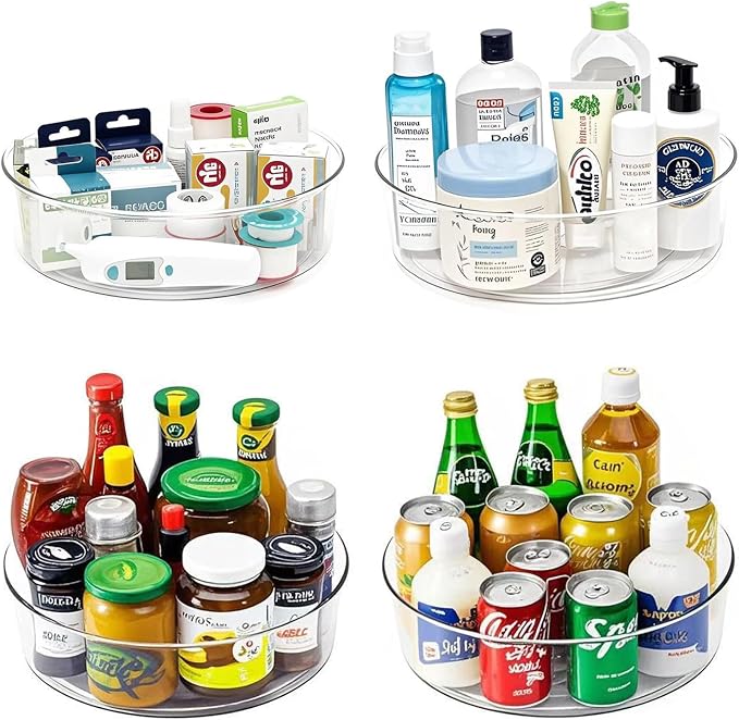 4 Pack Lazy Susan 11.5" Inch Turntable Organizer Organization Storage Container Bins Spice Rack Cabinet Rotating Condiment for Pantry Countertop Kitchen Vanity Bathroom Jewelry Holder Clear | Pantry Organizers and Storage Container Bins Spice Rack Cabi...