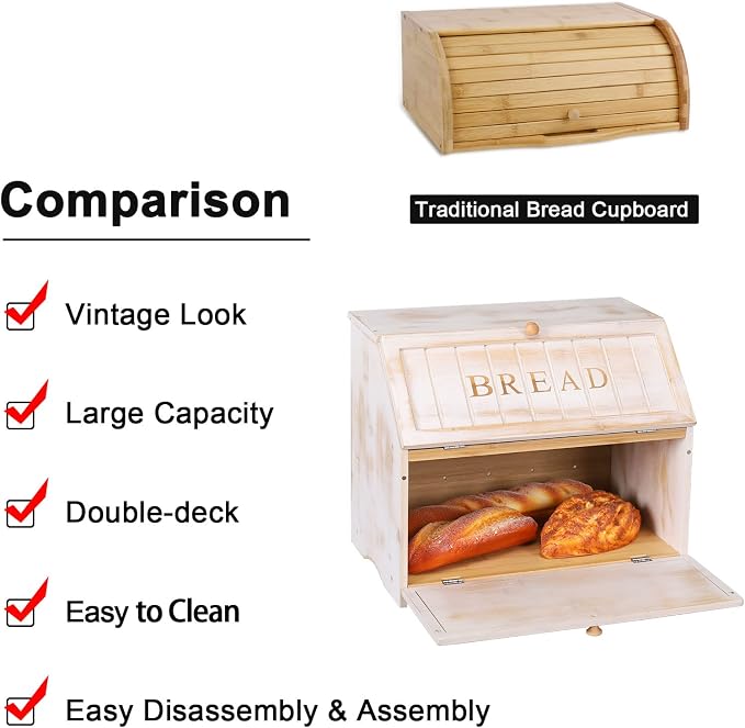 HOMEKOKO Vintage Double Layer Farmhouse Bread Box for Kitchen Counter,White | Keeps Bread Fresh 3-4 Days, 2-Tier Capacity Fits 2+ Loaves,Suitable For Farmhouse/Rustic Kitchens Use, Retro Design