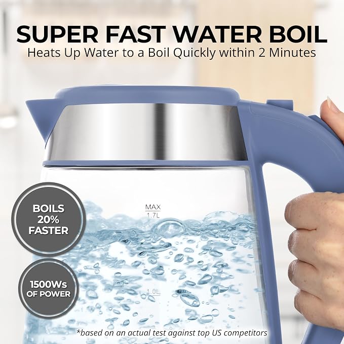 Zulay Kitchen Fast Boiling Electric Water Kettle - 1.7L, 1500W, Auto Shut-Off for Overboil & Boil Dry Protection, Cool-Touch Handle, 360° Base - Rapid Teapot Boiler For Coffee & Tea - Blue