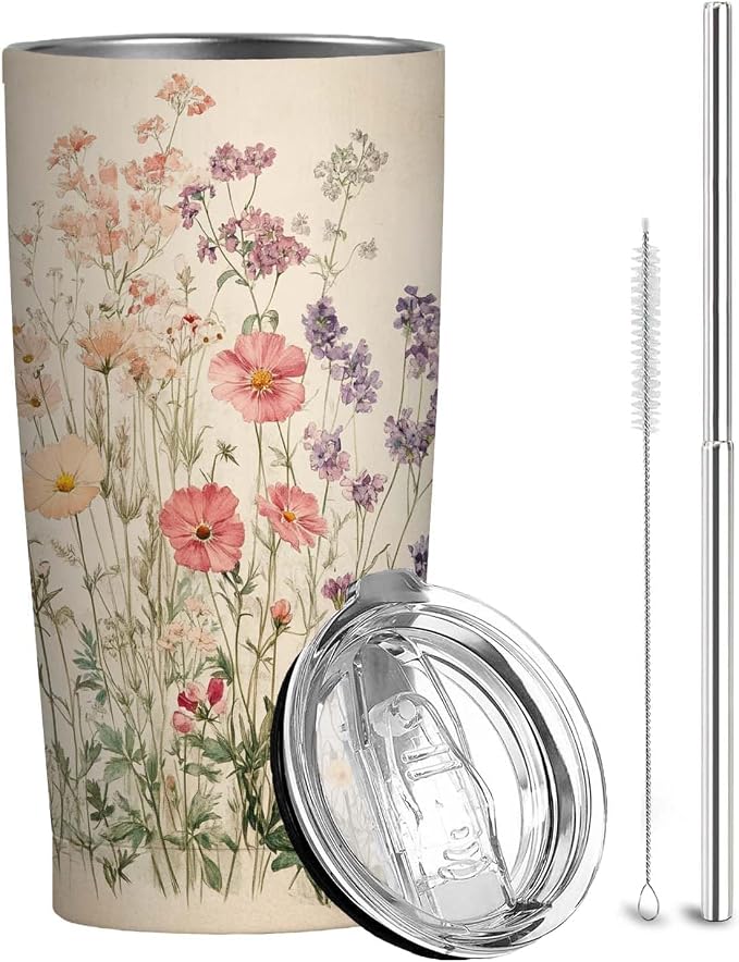 Boho Floral Tumbler 20 oz Stainless Steel Insulated Travel Mug with Lid and Straw, Flower Coffee Tumbler Cup for Hot Cold Drinks, Vintage Floral Gifts for Women Mom Friend