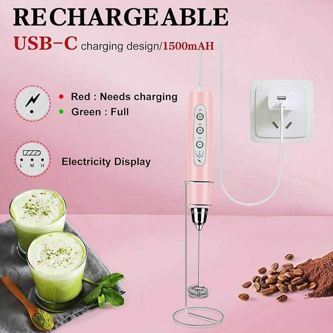 Milk Frother Wand Rechargeable Handheld Whisk Coffee 3 Speed Adjustable | Electric Whisk Drink Mixer with Stainless 3 Whisks Hand Frother , Foam Maker for Latte Cappuccino Matcha Egg Silver