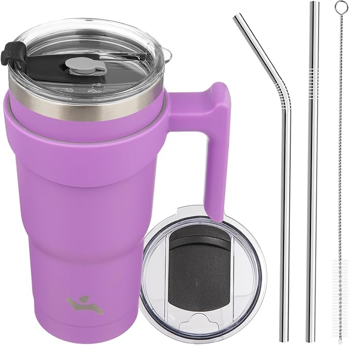 Konokyo 20 oz Tumbler with Handle and Straw, Insulated Travel Mug | Lavender; BPA-free, leak-proof tumbler with 2 lids, 2 straws, cup holder fit for coffee, office, travel & daily use