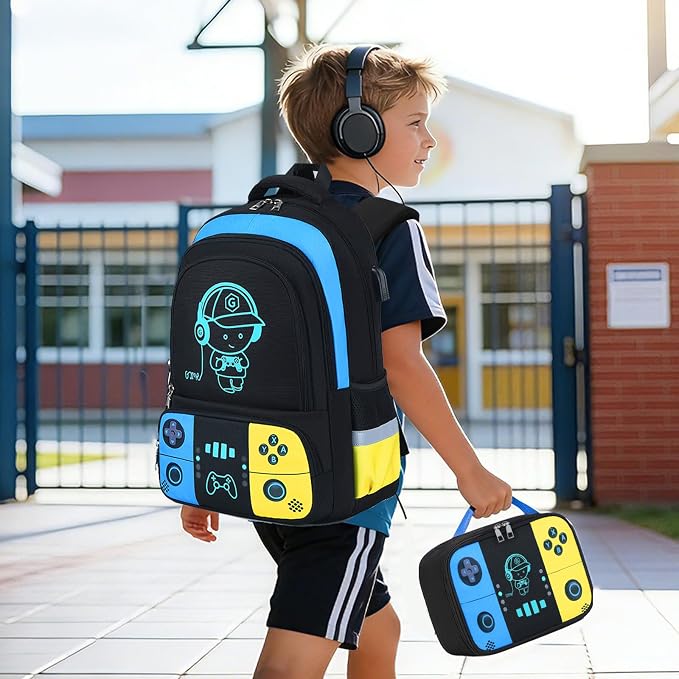 Backpack for School Boys, Cool Luminous Gamer Boys Schoolbag | with Lunch Box & Pencil Case Set for Kids Teens Elementary Middle School, Bookbag Glow In The Dark
