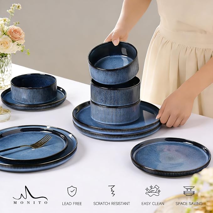Stoneware Dinnerware Sets for 4, 12Pcs Plates and Bowls Set, Midnight Blue | Handmade Reactive Glaze Ceramic Dishes, Microwave and Dishwasher Safe, Modern Minimalist Ribbed Tableware for Everyday Use