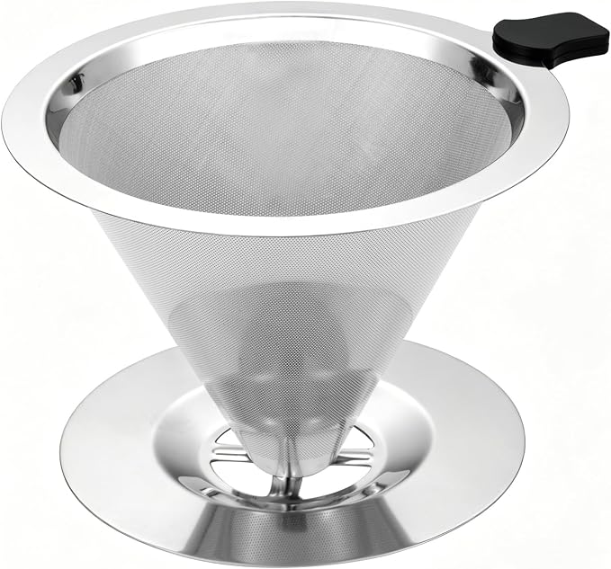 Pour Over Coffee Dripper, Reusable Stainless Steel 600 Mesh Coffee Filter | Paperless Double Mesh Pour Over Coffee Maker, Portable and Easy to Clean for 1-2 Cups with Heat-Resistant Silicone Handle