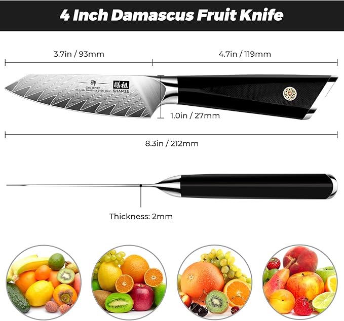 SHAN ZU Damascus Paring Knife,Fruit Knife 4 Inch | Professional Kitchen Knives, Japanese Damascus High Carbon Steel 67-Layer Fruit Carving Knives with G10 Handle/Gift Box