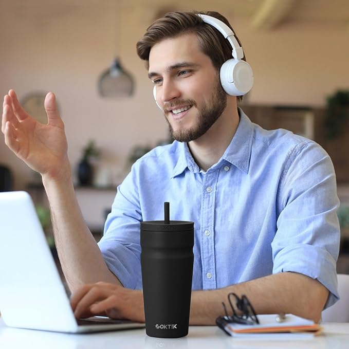 COKTIK 20oz Insulated Tumbler with Lid and Straw Iced Coffee Cup Reusable Stainless Steel Travel Mug Water Bottle Cupholder Friendly for Women Men Her Him (Black)