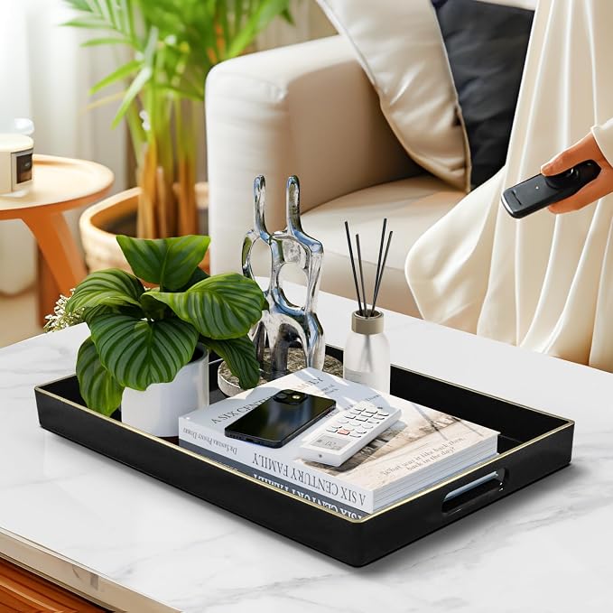 Black Decorative Tray for Coffee Table, Serving Tray with Handles | Plastic Melamine Tray, Modern Ottoman Tray, Rectangular Countertop Organizer Tray for Living Room, 15.8"L x 10.2"W x 1.4"H