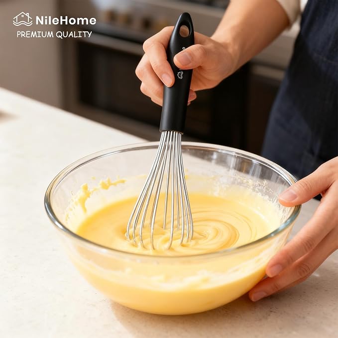 NileHome Silicone Whisk Set 8" 10" 12", 3 Pack Kitchen Whisk Kitchen Wisk Wire Whisks for Cooking, Whisking, Blending, Beating, Stirring-Black Silver