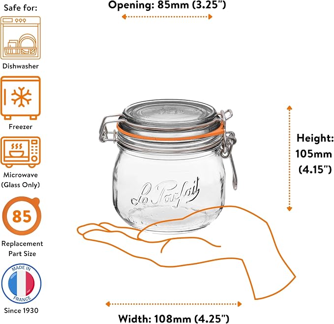 Le Parfait Super Jar 500ml (16oz) Glass Canning Jar, Wire Bail Lid, 1 Pack | Airtight rubber seal for canning, preserving pickles, sauces and whole fruit, fermentation and pantry storage; Made in France