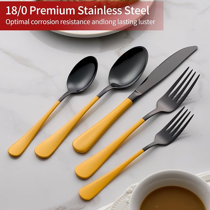 20-Piece Yellow Silverware Set 18/0 Stainless Steel Black Silverware Set Yellow Handle Cutlery Black Set Service for 4 Dinner Knives Forks Spoons Set Flatware Set Finish Dishwasher Safe