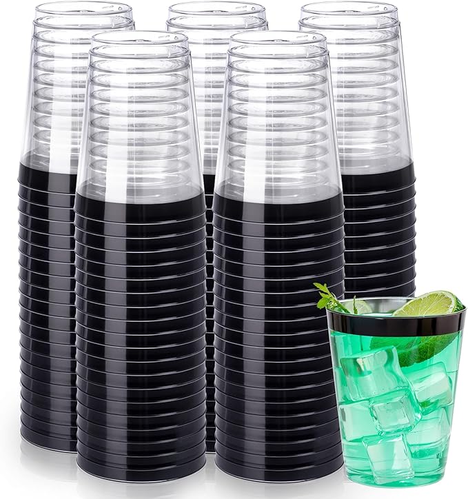 DaYammi 100 Pack Black Plastic Cups 10Oz Clear Disposable Cups with Black Rim, Clear Cocktail Cup Heavy Duty Disposable Wine Glasses Disposable Fancy Plastic Cups for Party Wedding