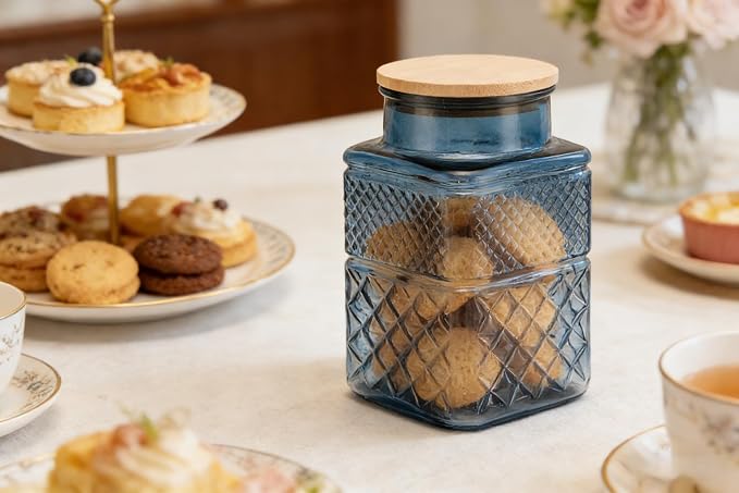 60 FL oz/0.5 Gal Glass Jar with Vintage Pattern and Airtight Lid,Set of 2 | Kitchen Pantry Thick Glass Container for Flour Sugar Cookie Coffee Laundry Pods, Wide Mouth Opening and Airtight Bamboo lid