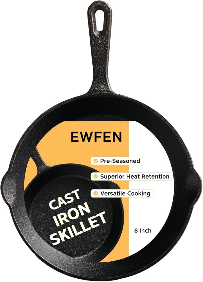 EWFEN Cast Iron Skillet 8 Inch, Pre-Seasoned Frying Pan, Heavy-Duty Professional Restaurant Chef Quality Cookware with Drip Spout, Indoor & Outdoor Use, Compatible with Oven, Stove, Grill & Campfire