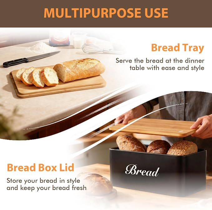 RYTOXILO Black Bread Box for Kitchen Countertop, Metal Breadbox with One-Way Degassing Valve Bamboo Lid, Bread Storage Boxes Container for Homemade Bread, Sourdough Food Cutting Board