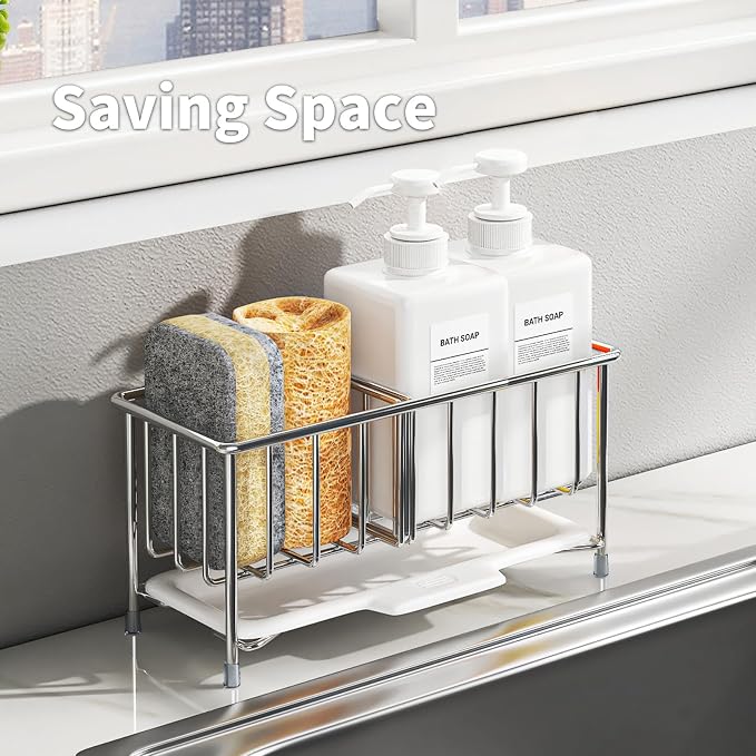 Kitchen Sink Sponge Holder, 304 Stainless Steel | Soap Dispenser Caddy Organize, Kitchen Sink Brush Caddy Holder with Removable Drain Tray