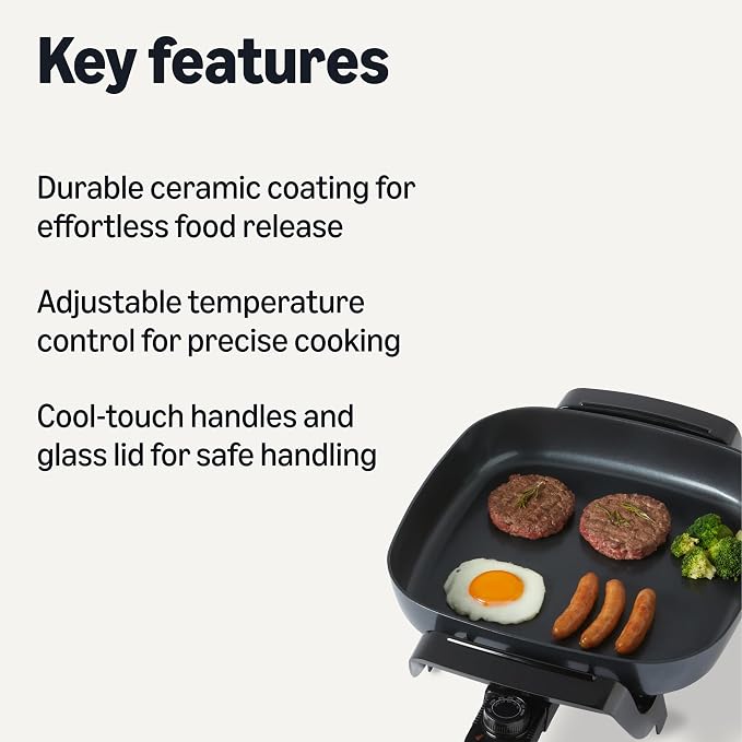 Amazon Basics Electric Skillet and Frying Pan with Glass Lid, Nonstick Ceramic Coating, Adjustable Temperature Control, 15.6 x 12.1 x 6.9 inch, Black