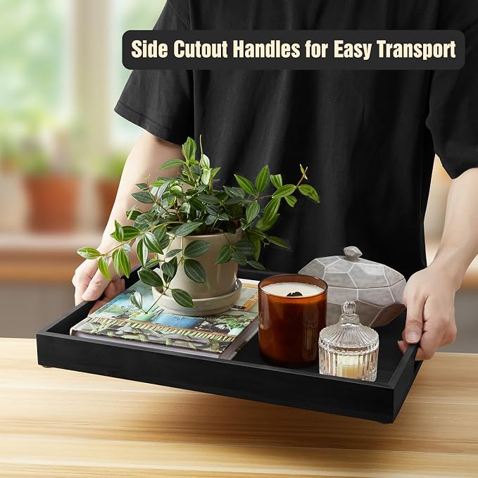 17 Inch Wood Serving Tray with Handles - Large Wooden Tray for Ottoman, Breakfast in Bed, Dinner, Coffee Table - Black Rectangular Tray for Living Room Bedroom Entryway and Kitchen