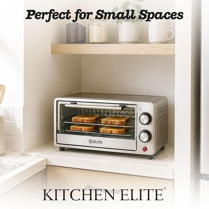 Kitchen Elite Toaster Oven, Compact Countertop Appliance with Bake Tray, Wire Rack, Adjustable Timer, and Temperature Control, Black