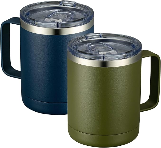 MEWAY 12oz Coffee Mug With Handle 2 Pack Bulk,Stainless Steel Insulated Travel Tumblers With Sliding Lid,Double Wall Vacuum Camping Cup for Hot & Cold Drinks Tea (Multicolor,Set of 2)