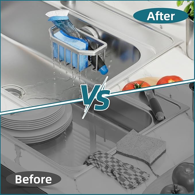 TAILI Sink Caddy with Strong Suction Cup, Sponge Holder for Sink-Silver | for Kitchen Sink Organizer, Removable Sponge Caddy Inside Sink, Rustproof Aluminum Holder for Sponges, Brushes, Scrubber