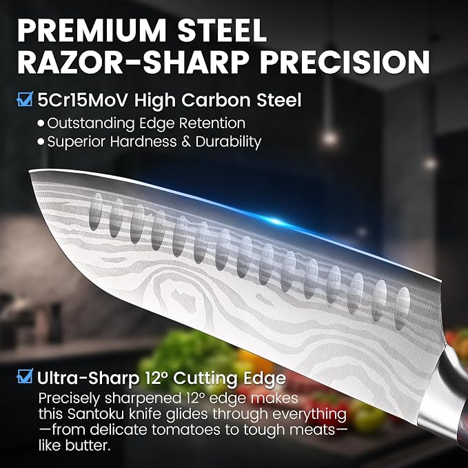 DiiHAUZZ 7" Santoku Knife, Japanese Chef Knife with Non-Stick Granton Edge | High Carbon Stainless Steel, Razor Sharp Edge, Ergonomic Handle, No Crack or Shrink Pakkawood, 59HRC, Sheath & Gift Box