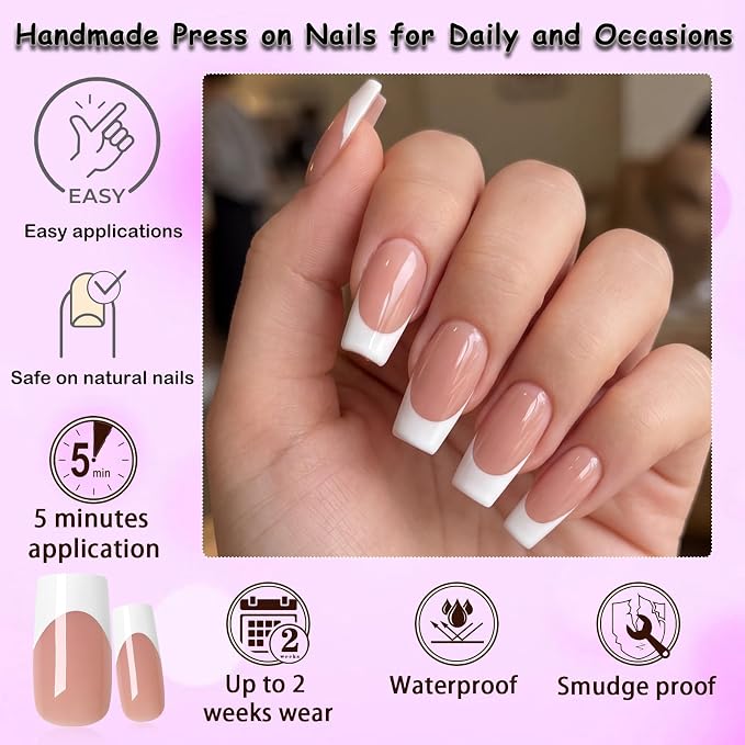 240pc White French Tip Press on Nails Medium Square Acrylic Nail, Coffee Press ons Fake Nails with Glue & Tabs, 12 Sizes Glue on Nails Medium Press-on Nail Square Stick on Nail for Women Girls