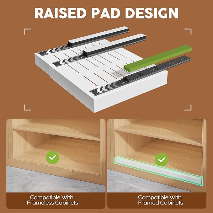 Seinloes 6 Pack Expandable Pull Out Cabinet Organizer 21"Deep With Raising Pad for Framed Cabinets,Slide Out Drawers With 4pcs Divider Racks,No Drill Roll Out Shelf,Adjustable Width 12.05"-20.4"White