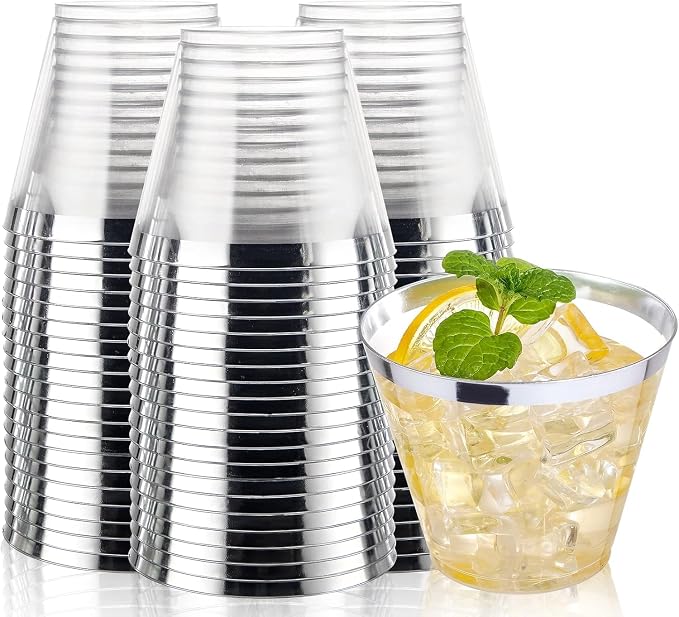 IOOOOO 200pcs Silver Disposable Plastic Cups 9 oz Clear Plastic Cups Old Fashioned Tumblers Silver Rim Cup Disposable Party Cup Elegant Silver Wine Glasses Cocktail Cup