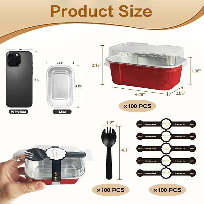 Mini Cake Pans With Lids And Spoons,5.5 oz Rectangle Mini individual Loaf Pans Disposable Aluminum Foil Small Baking Cups Tins (100, Red)