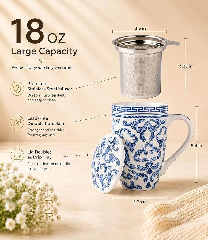 AmorArc Tea Cup With Infuser and Lid, 18oz Loose Leaf Tea Mug With Steeper | Porcelain Tea Mug With Infuser and Lid, Strainer Tea Cup for Tea Lovers, Home & Office, Housewarming Birthday Gift