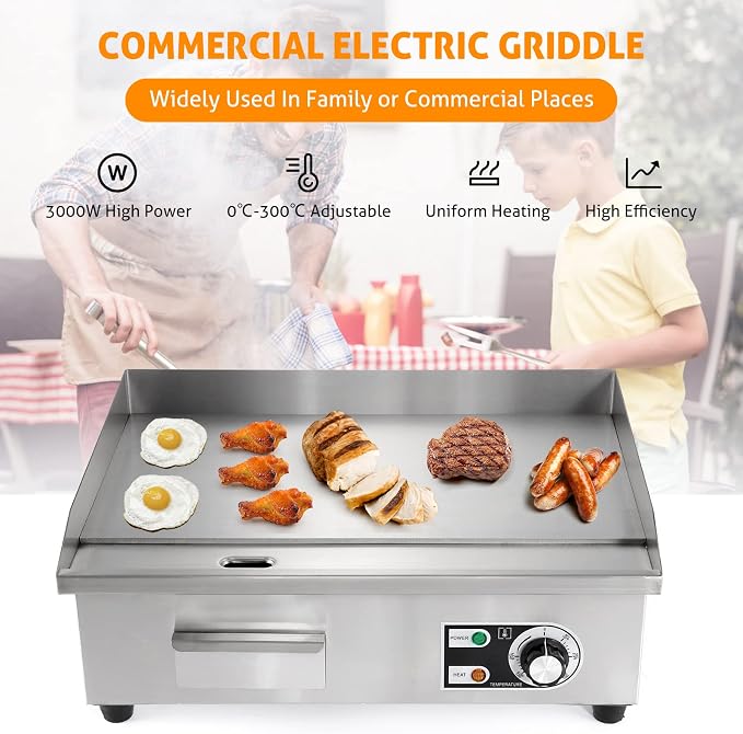 WICHEMI Commercial Electric Griddle Flat Top Grill Stainless 22'' 3000W | Heat Food Evenly, Large Cooking Surface, Cooking Temperature Adjustment, Collect Grease For Cleanup, Non-Stick, Easy to Clean