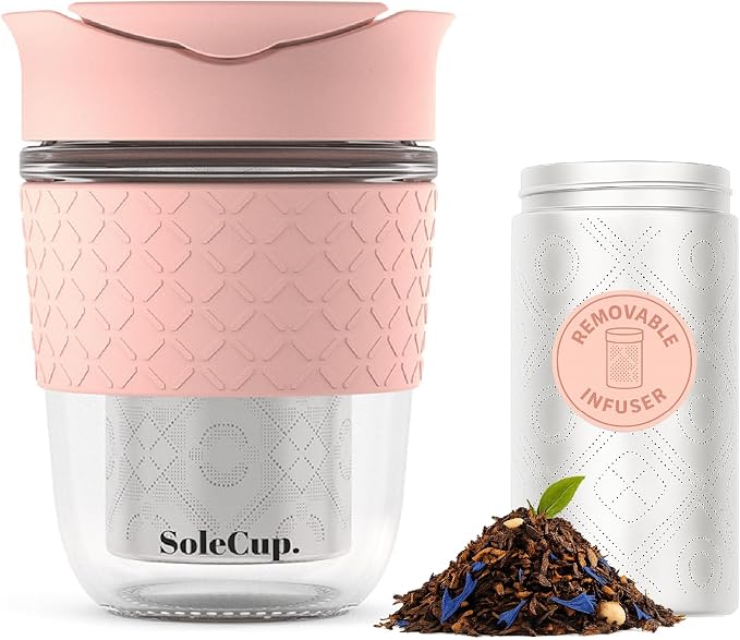 Travel Mug Loose Tea Infuser - Detachable Tea Strainer with Spillproof Lid - BPA-Free Reusable Glass Travel Coffee Cup with Silicone Band (Pink, 12oz)