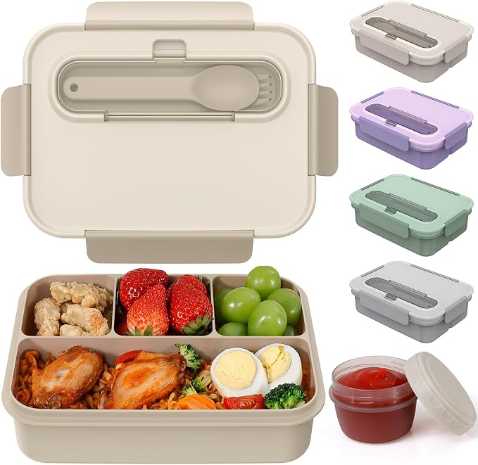 Caperci Bento Box Adult - 50 oz Large Lunch Containers for Adults and Teens, 4-Compartment Bento Lunch Box with Utensils & Leak Proof Sauce Cup, Dishwasher Safe, Durable, BPA-Free (Mocha)