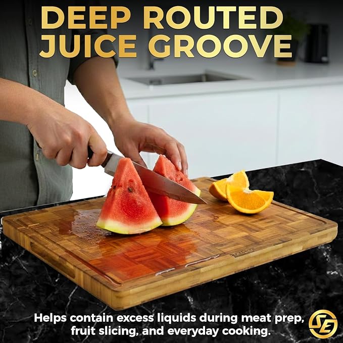 SliceElite Extra Large Bamboo Cutting Board Set 3 Piece End Grain Wooden Chopping Boards with Holder Non Slip Feet Juice Groove XL Butcher Block Style Boards for Kitchen Carving and Serving