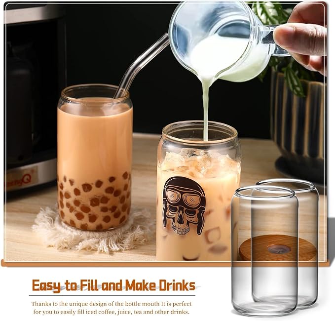 Glass Cups with Lids and Straws 6 pcs, 16 oz-DWTS Cute Tumbler,Beer Drinking Glasses,Clear for Iced Coffee, Tea with Bamboo Lids for Gifts