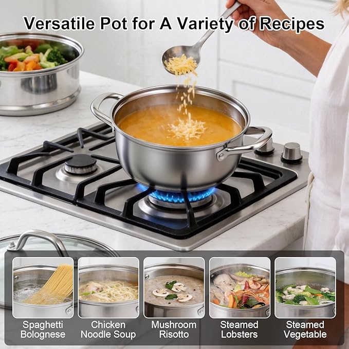 3.2QT Stainless Steel Steamer for Cooking with Food Steamer Basket | Healthy Steaming Pot, Multi-use Kitchen Cookware, For Vegetables Dumplings Soup and Food Preparation, Daily Kitchen Cooking