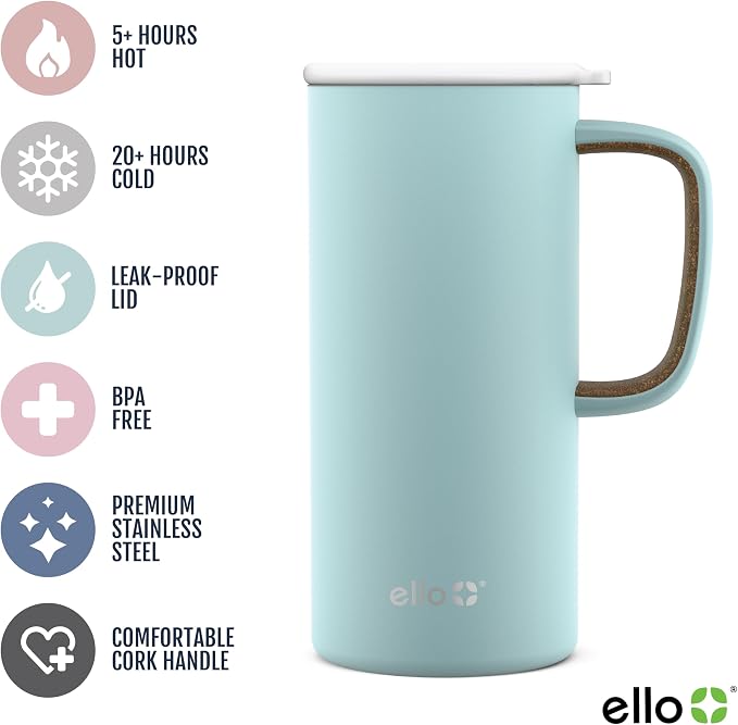 Ello Campy 18oz Insulated Stainless Steel Travel Mug with Handle, Frost | Leakproof coffee tumbler keeps drinks hot for hours. BPA-free, comfortable handle, great for commutes and the office.