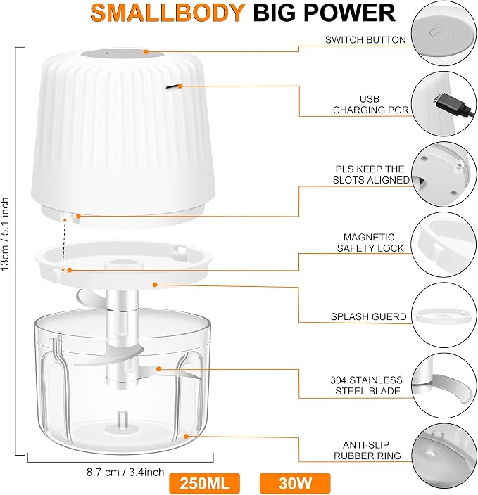250ML Garlic Chopper, Electric Garlic Mincer, Mini Food Processor | 3 Blades Onion Grinder, USB Garlic Press, Small Portable Vegetable Chopper for Chili, Fruit, Meat